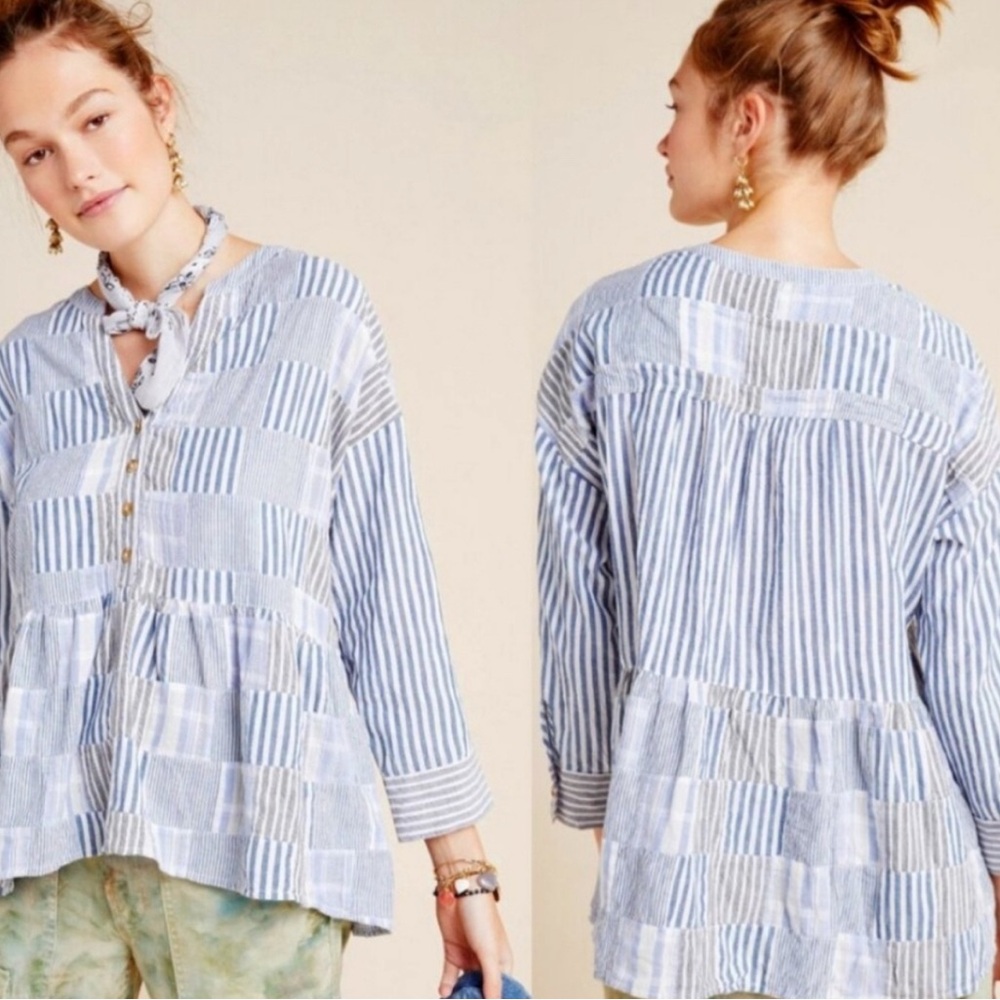{Maeve | Anthropologie} Blue & White Cozy Patchwork Blouse